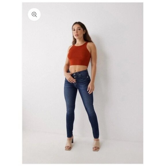 True Religion HALLE HR SN BUTTON FRONT Size 28 In Dark Wash Exposed Button NWT - Picture 1 of 16